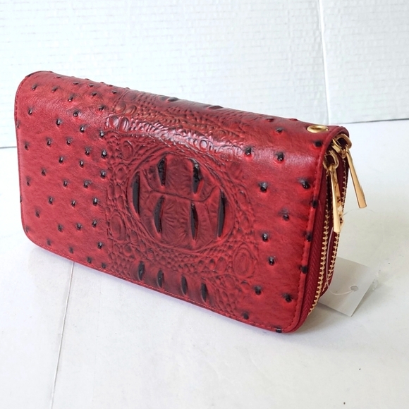 Women's Ostrich Embossed Leather Red Multi Compartment Wallet - Picture 1 of 6